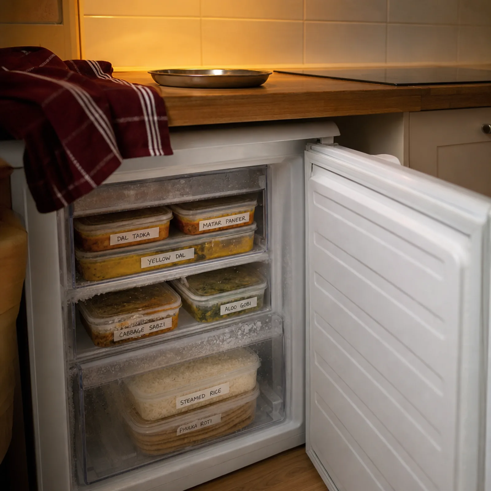 A student halls freezer stocked with labelled home-cooked Indian meals, delivered frozen