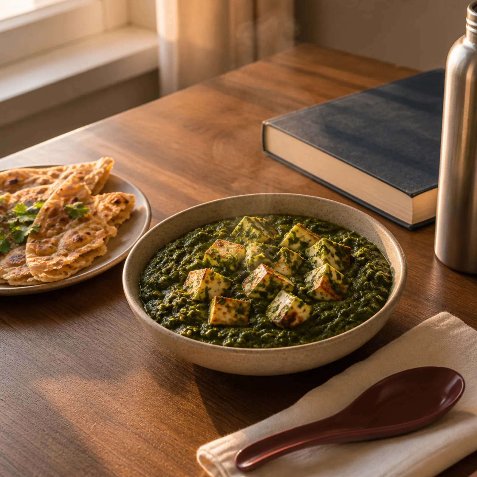 Home-cooked palak paneer and paratha, reheated and served at a UK university halls desk